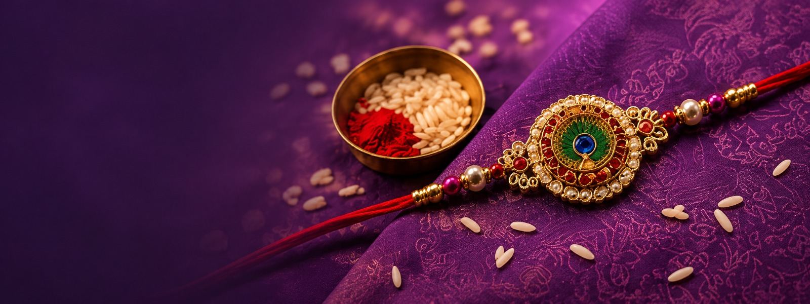 A handcrafted peacock-design rakhi resting on purple silk beside a brass bowl of rice and kumkum